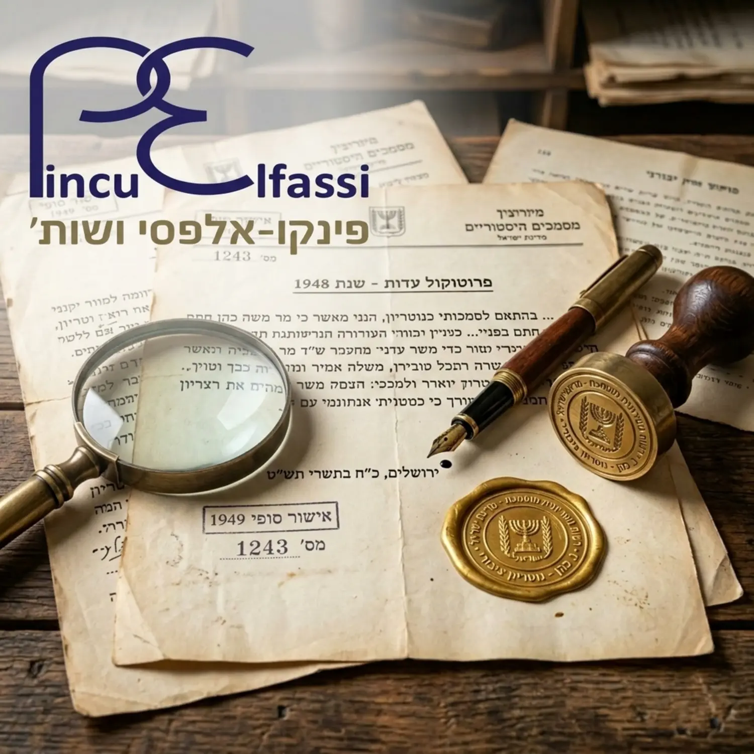 צילום תקריב של מסמכים היסטוריים מצהיבים לצד זכוכית מגדלת עט נובע וחותמת רשמית וזהובה של נוטריון