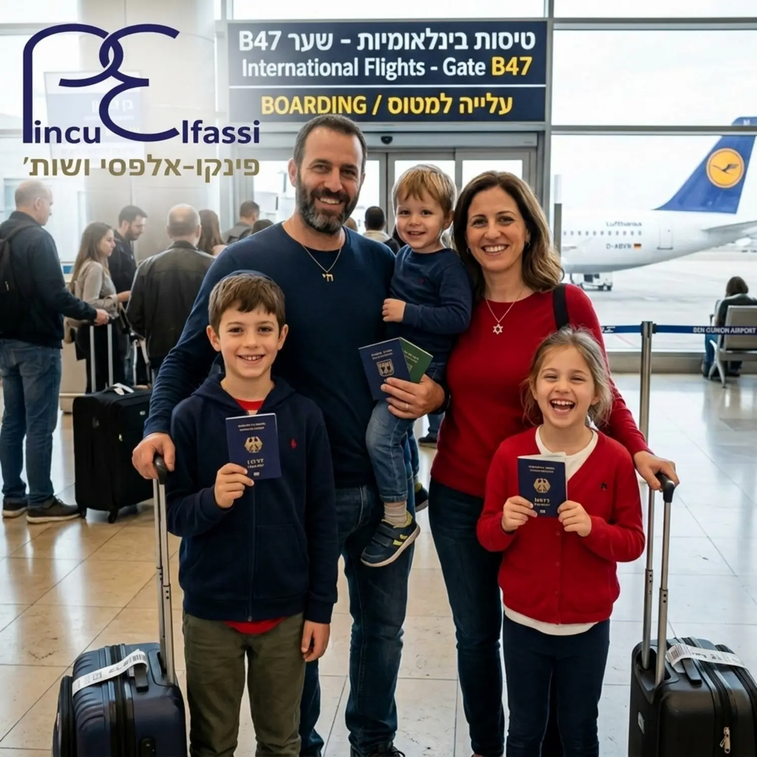 תמונה של משפחה ישראלית מחייכת בנמל תעופה כאשר הילדים אוחזים בדרכונים אירופאיים רשמיים מוכנים לעלייה למטוס