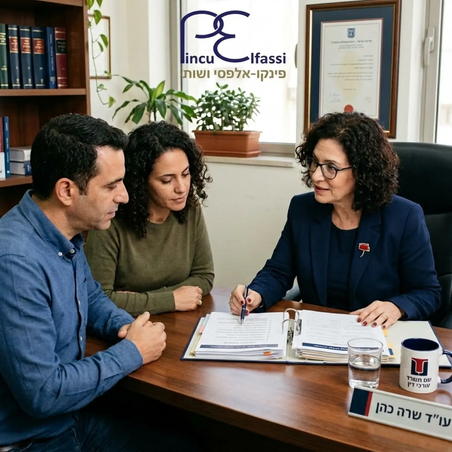 תמונה המציגה פגישת ייעוץ במשרד עורכי דין, עורכת דין מקצועית יושבת מול זוג לקוחות, מציגה להם מסמכים מוסדרים בתוך קלסר ומסבירה להם על תהליך קבלת האזרחות
