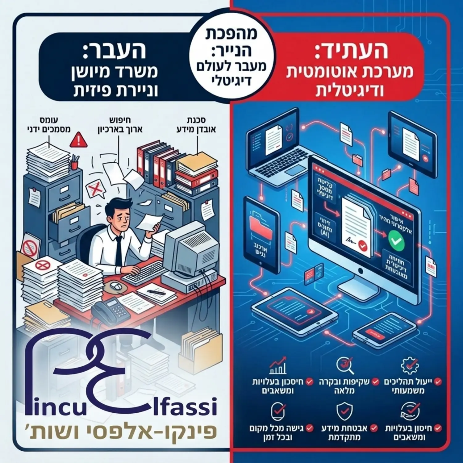 אינפוגרפיקה המחלקת את המסך לשניים בצד ימין משרד מיושן מוקף בניירת פיזית ובצד שמאל מערכת מחשוב מתקדמת המציגה תהליך אוטומטי ודיגיטלי של אישור מסמכים