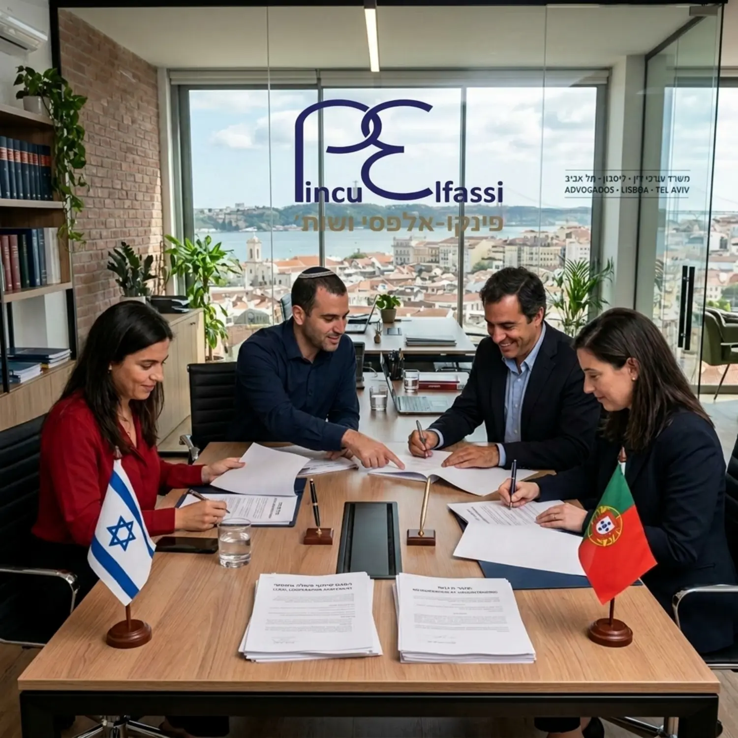 תמונה של משרד עורכי דין מודרני בליסבון, בו נראים עורכי דין מקומיים וישראלים יושבים יחד, בוחנים מסמכים משפטיים וחותמים עליהם, עם דגלי ישראל ופורטוגל קטנים מונחים על השולחן