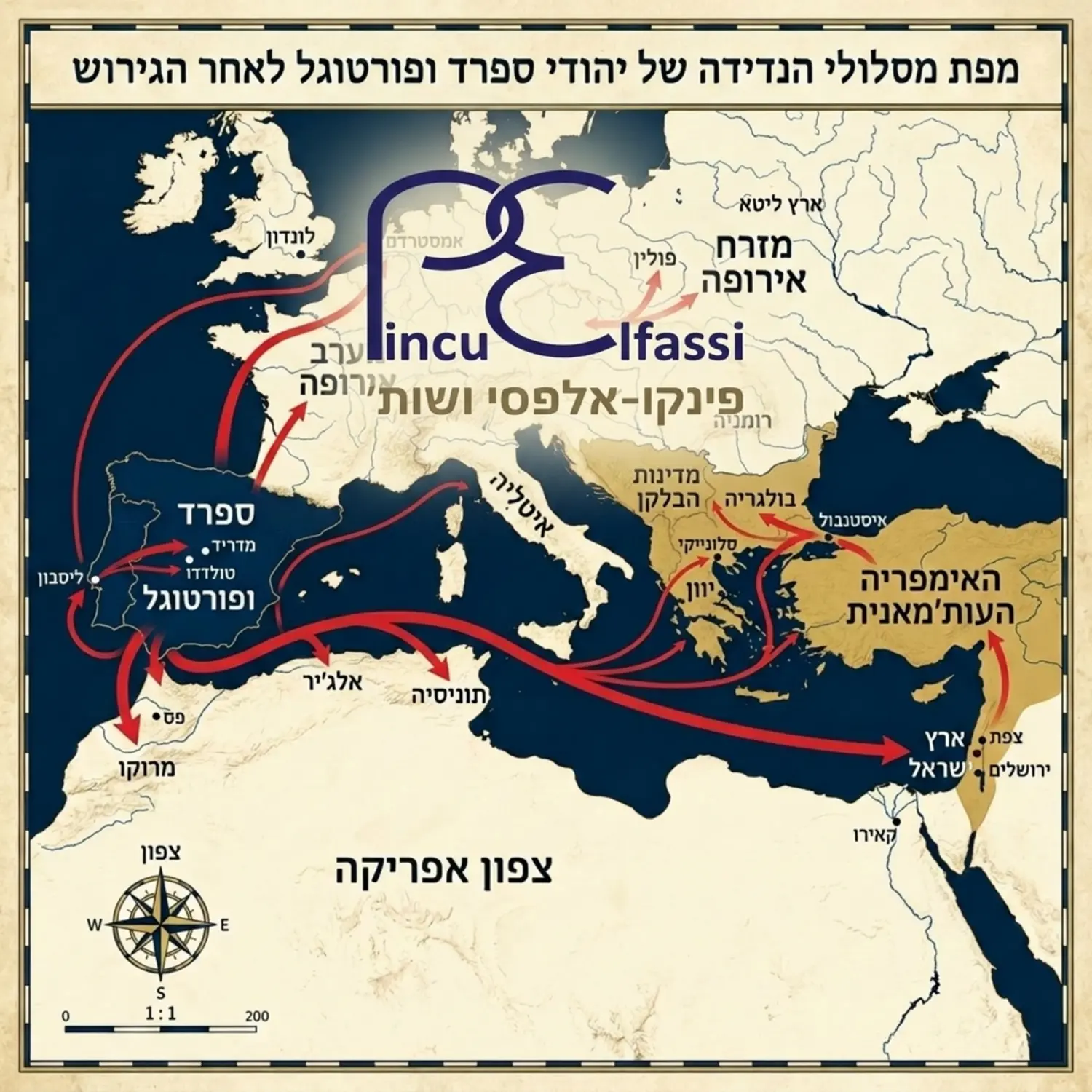 מפה היסטורית המציגה את מסלולי הנדידה של יהודי ספרד ופורטוגל לאחר הגירוש, עם חיצים המצביעים לכיוון צפון אפריקה, האימפריה העות'מאנית, מדינות הבלקן, ומזרח אירופה.