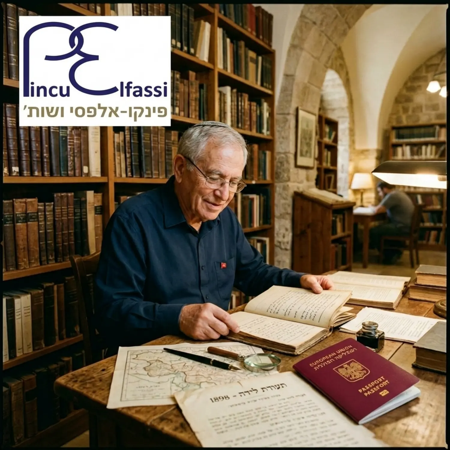 תמונה של חוקר שורשים יושב בספרייה מוקף בספרים עתיקים ותעודות היסטוריות, כאשר על שולחנו מונח דרכון אירופאי בוהק המייצג את סוף התהליך.