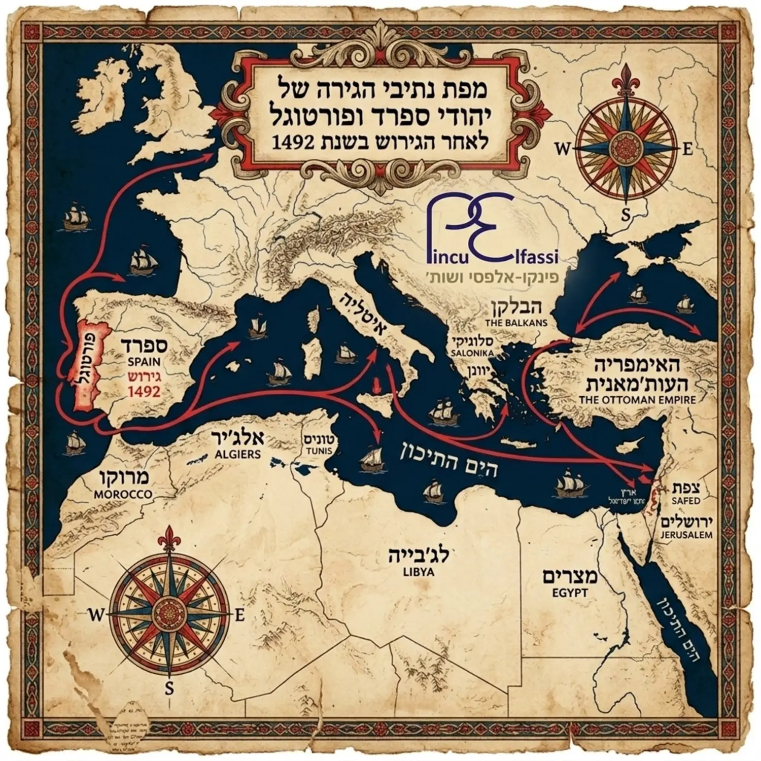 מפת עולם עתיקה המציגה את נתיבי ההגירה של יהודי ספרד ופורטוגל לאחר הגירוש בשנת 1492 לעבר צפון אפריקה, הבלקן והאימפריה העותומאנית עם ספינות קטנות המצוירות על גבי הים
