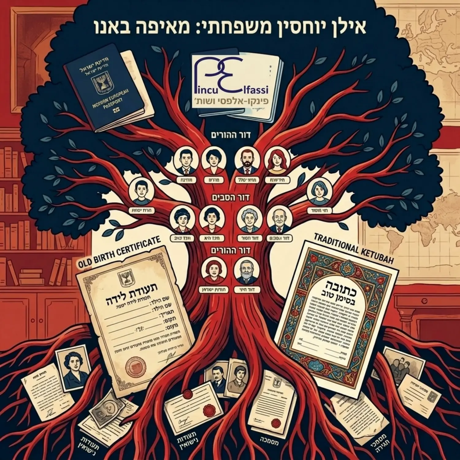 אינפוגרפיקה המציגה עץ משפחה מאויר כאשר מהשורשים יוצאים מסמכים היסטוריים כמו תעודת לידה ישנה, כתובה מסורתית עם עיטורים, ודרכון אירופאי מודרני בקצה העליון של העץ