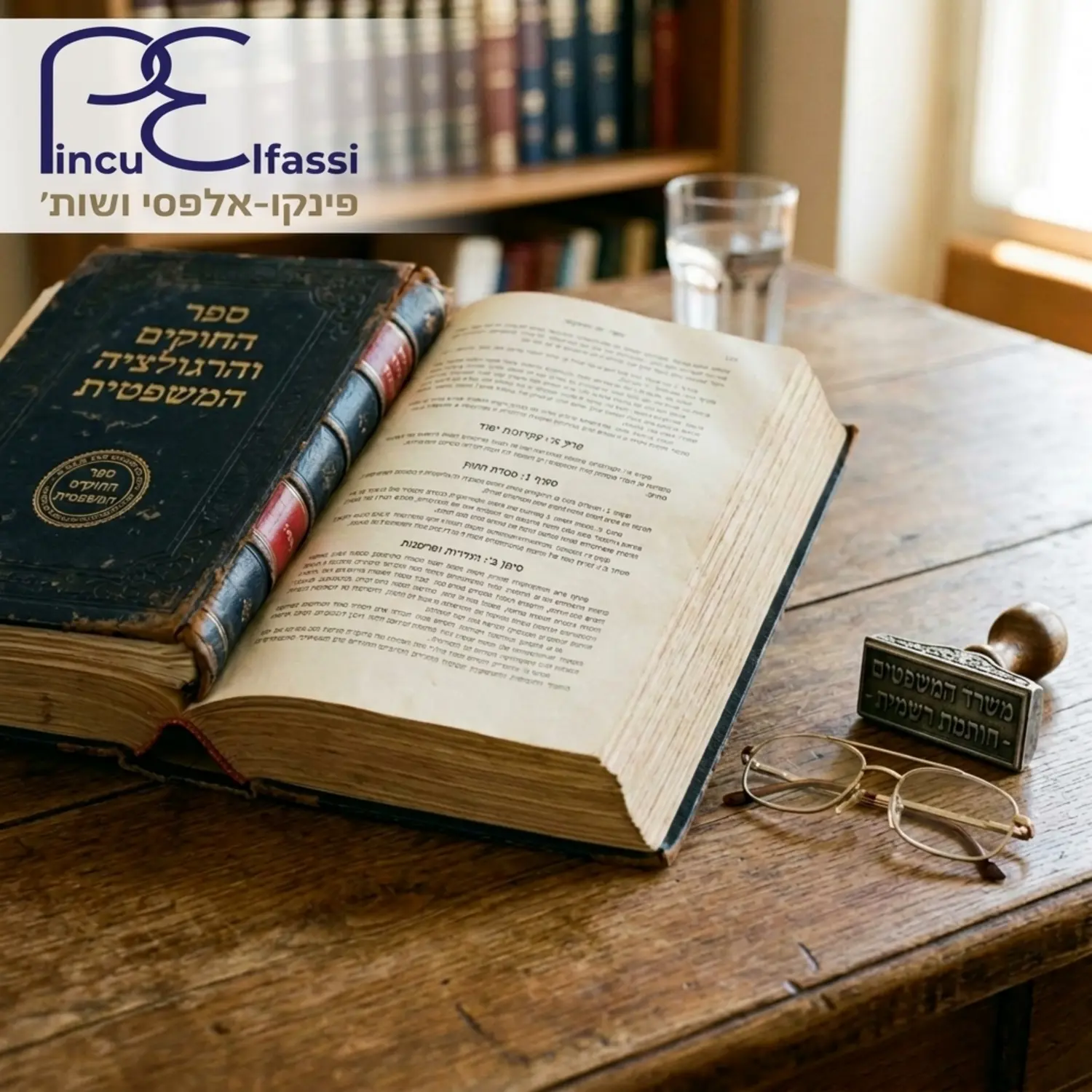 תמונה המציגה ספר חוקים עב כרס פתוח על שולחן עץ, לצידו משקפי קריאה וחותמת מתכת קלאסית, הממחישה את הכובד והמורכבות של החקיקה והרגולציה המשפטית