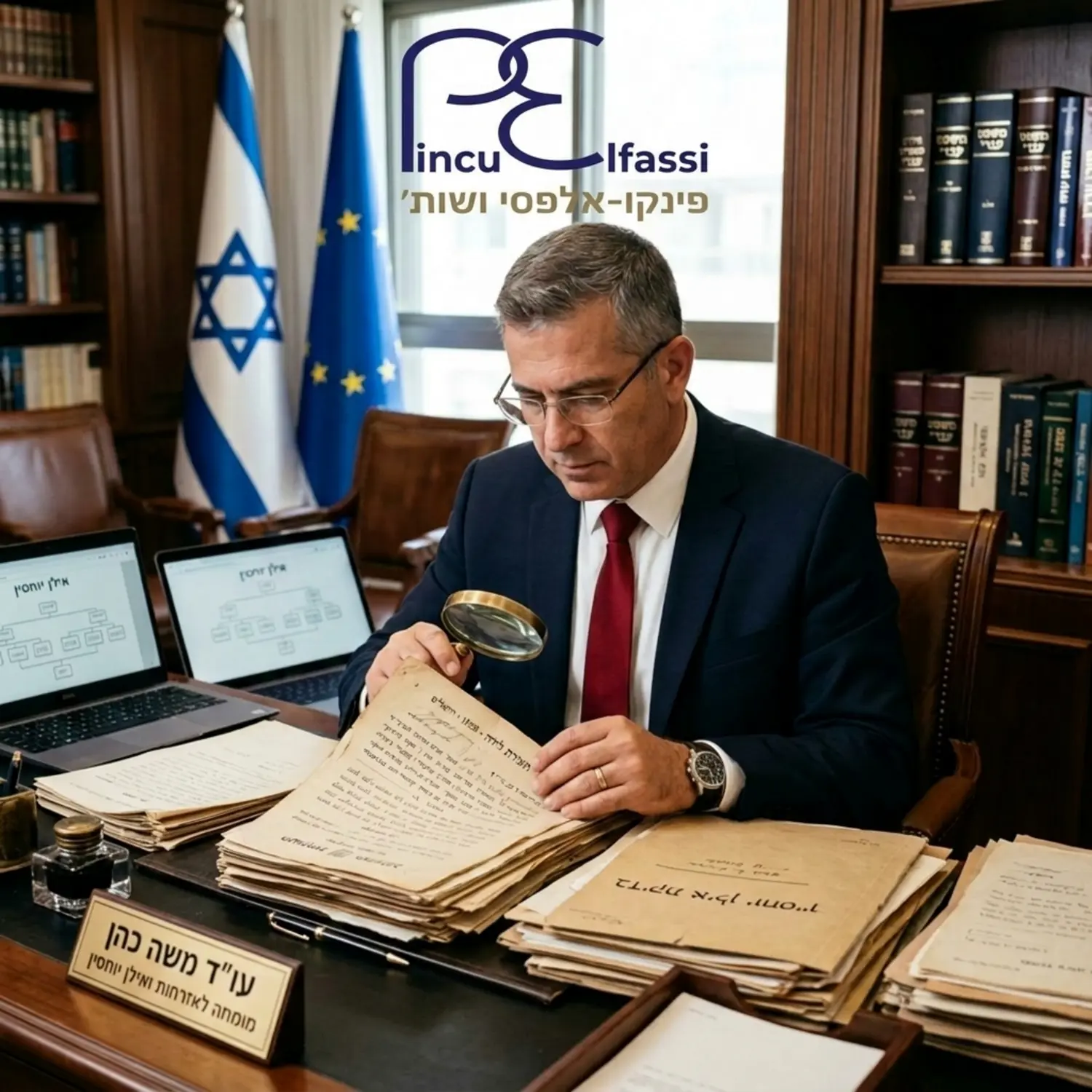 תמונה באיכות גבוהה של עורך דין מקצועי יושב במשרד אלגנטי מול ערמת מסמכים היסטוריים ותעודות לידה, מחזיק זכוכית מגדלת ומבצע בדיקת אילן יוחסין, כשברקע מטושטש דגלי אירופה וישראל