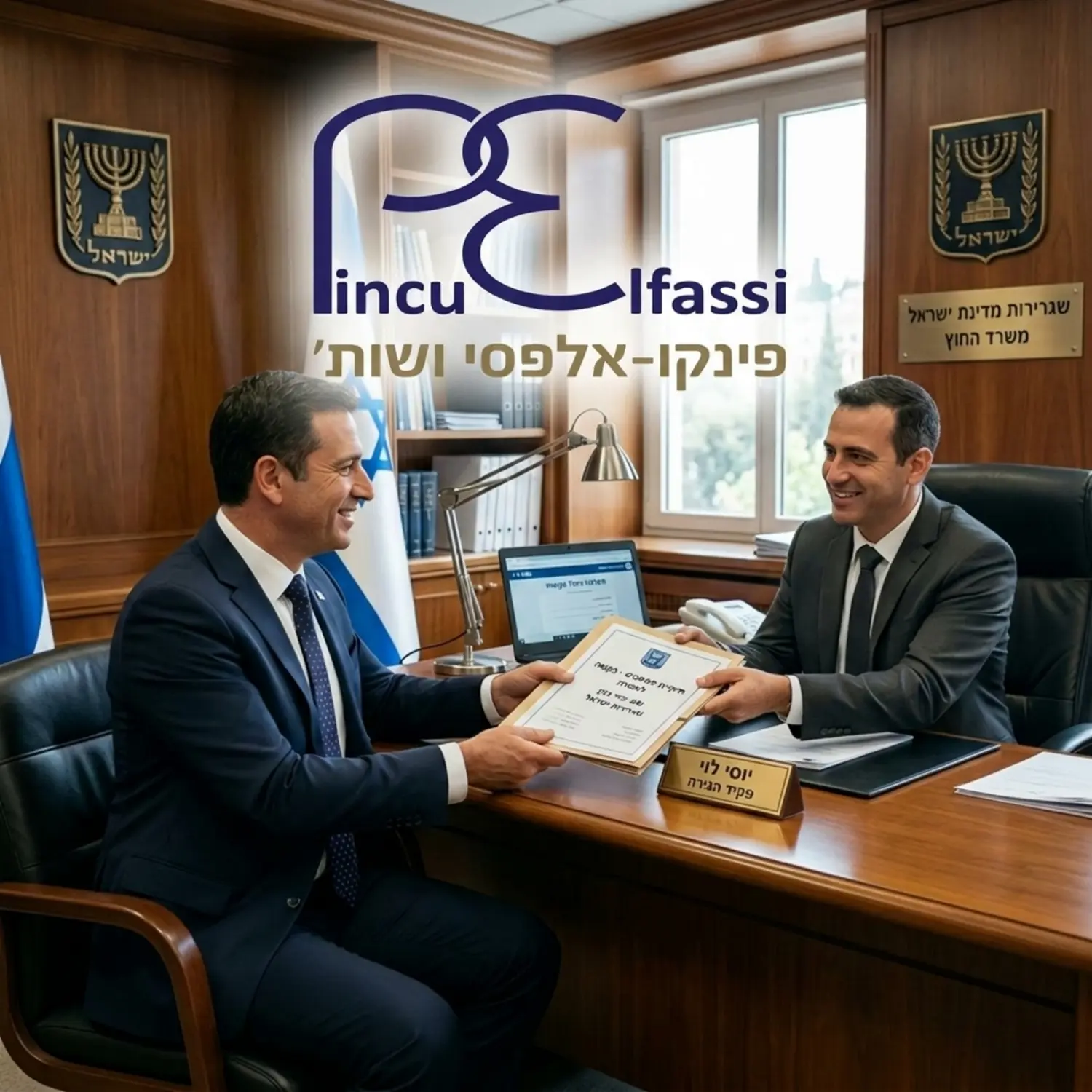 צילום איכותי של אדם הלבוש בחליפה מחויטת יושב במשרד אלגנטי של שגרירות מול פקיד, מגיש תיקייה מסודרת של מסמכים בחיוך