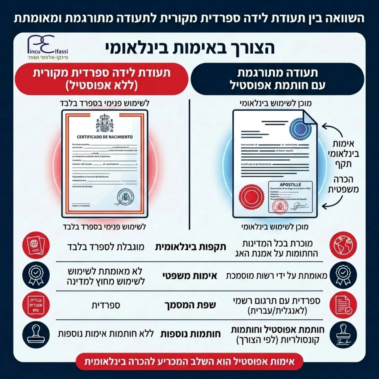טבלה גרפית המשווה בין תעודת לידה ספרדית מקורית לתעודה מתורגמת עם חותמת אפוסטיל, המדגישה את הצורך באימות בינלאומי