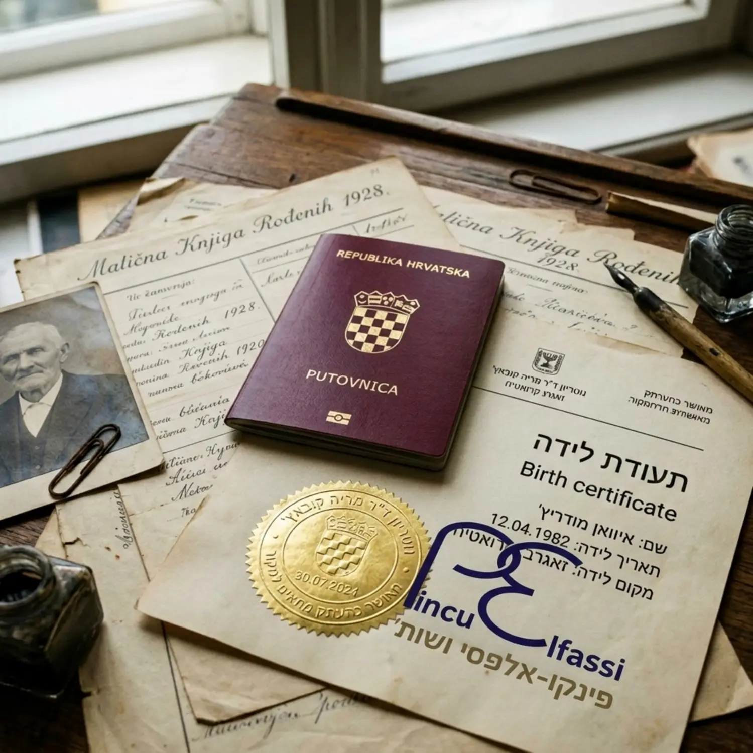צילום תקריב של שולחן עבודה עליו פזורים מסמכים היסטוריים מצהיבים, דרכון קרואטי עדכני בצבע אדום כהה עם סמל המדינה, וחותמת נוטריון זהובה המוטבעת על תעודה מתורגמת