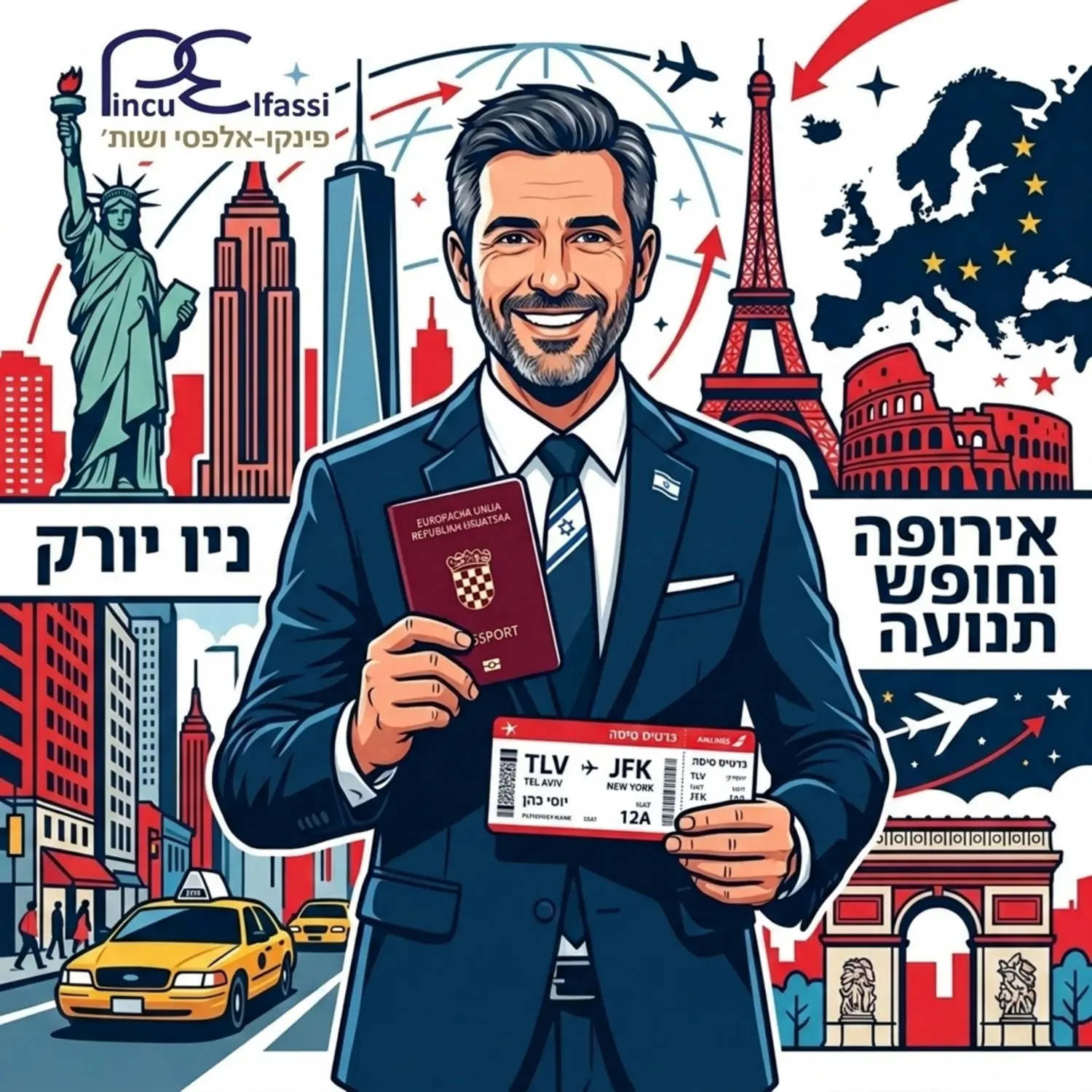 איש עסקים ישראלי מחייך מחזיק בידו האחת דרכון קרואטי כהה ובידו השנייה כרטיס טיסה כשברקע מופיעים בצורה גרפית סמלים של העיר ניו יורק ושל אירופה הממחישים את חופש התנועה הגלובלי