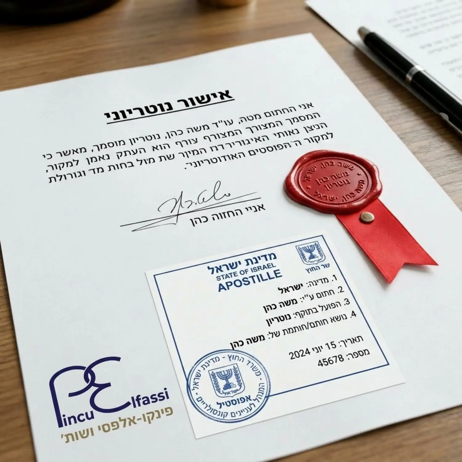 צילום תקריב של מסמך משפטי עם חותמת נוטריון רשמית סרט אדום וחותמת אפוסטיל המסמלים אישור מסמכים רשמי ומקובל עבור ממשלת רומניה
