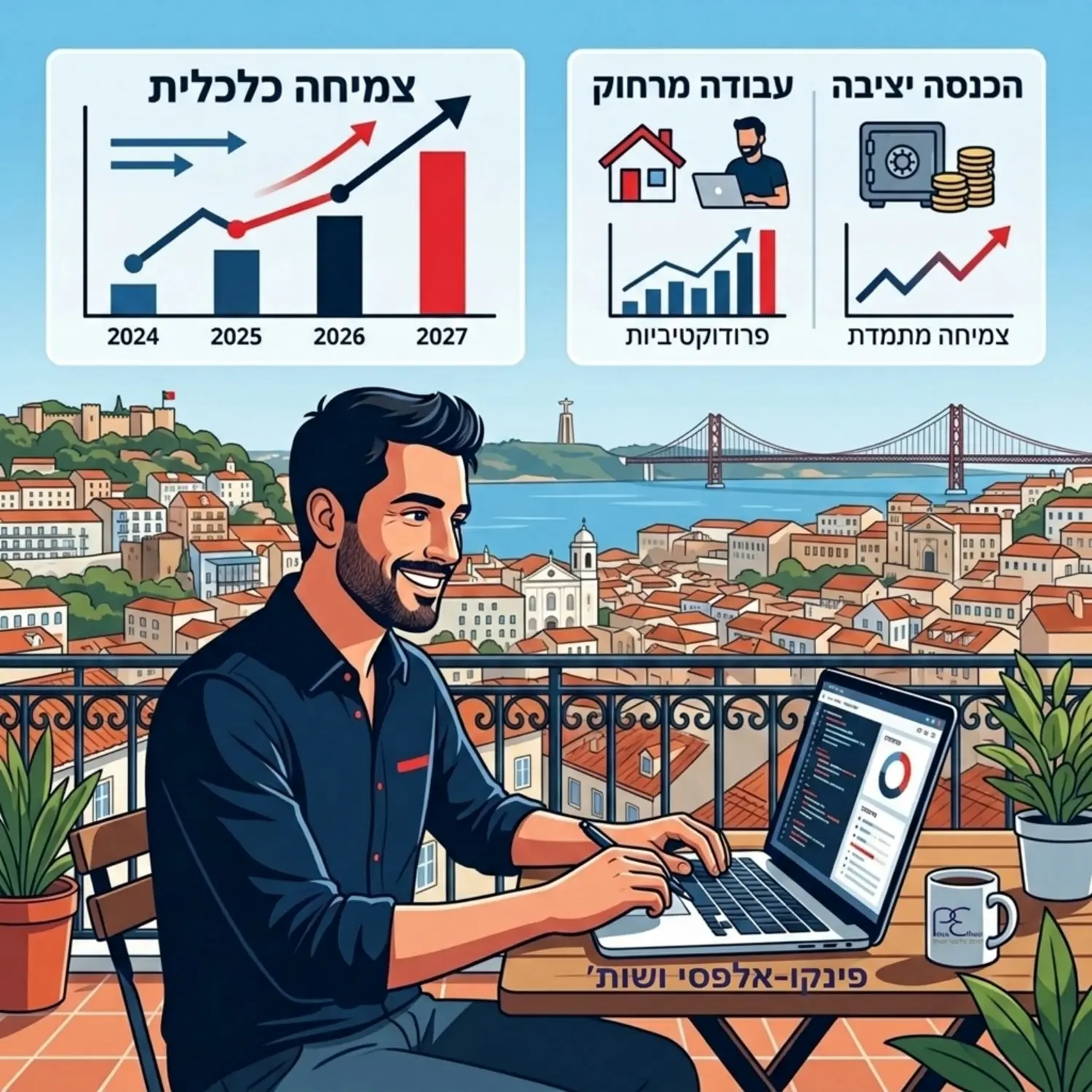 איור של איש עסקים יושב מול מחשב נייד על מרפסת שטופת שמש בפורטוגל, כשברקע נוף של העיר ליסבון וגרפים המייצגים צמיחה כלכלית, עבודה מרחוק והכנסה יציבה