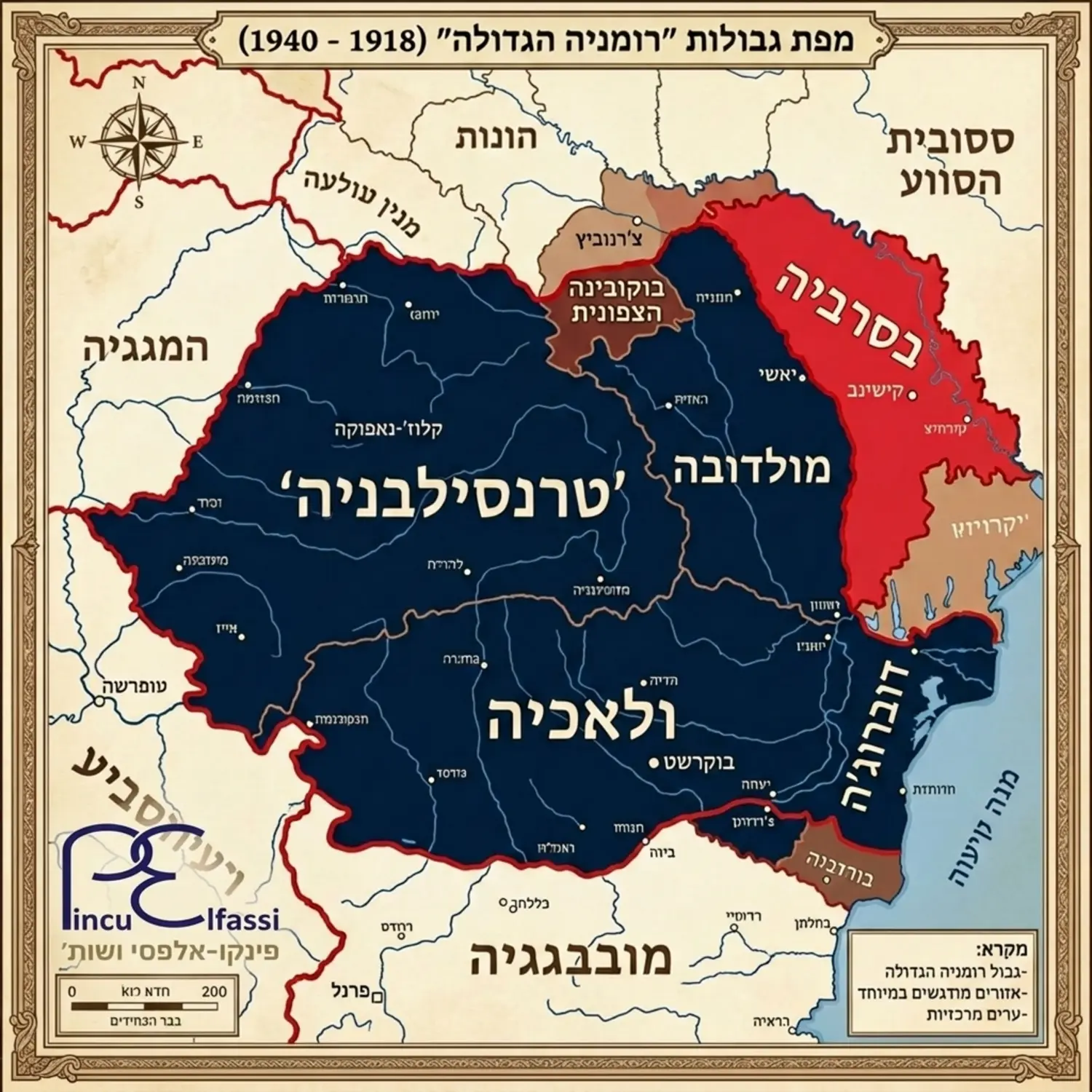 מפה היסטורית המציגה את גבולות רומניה הגדולה בין השנים אלף תשע מאות שמונה עשרה לאלף תשע מאות וארבעים כולל הדגשה ברורה של אזורי בסרביה ובוקובינה הצפונית וטרנסילבניה