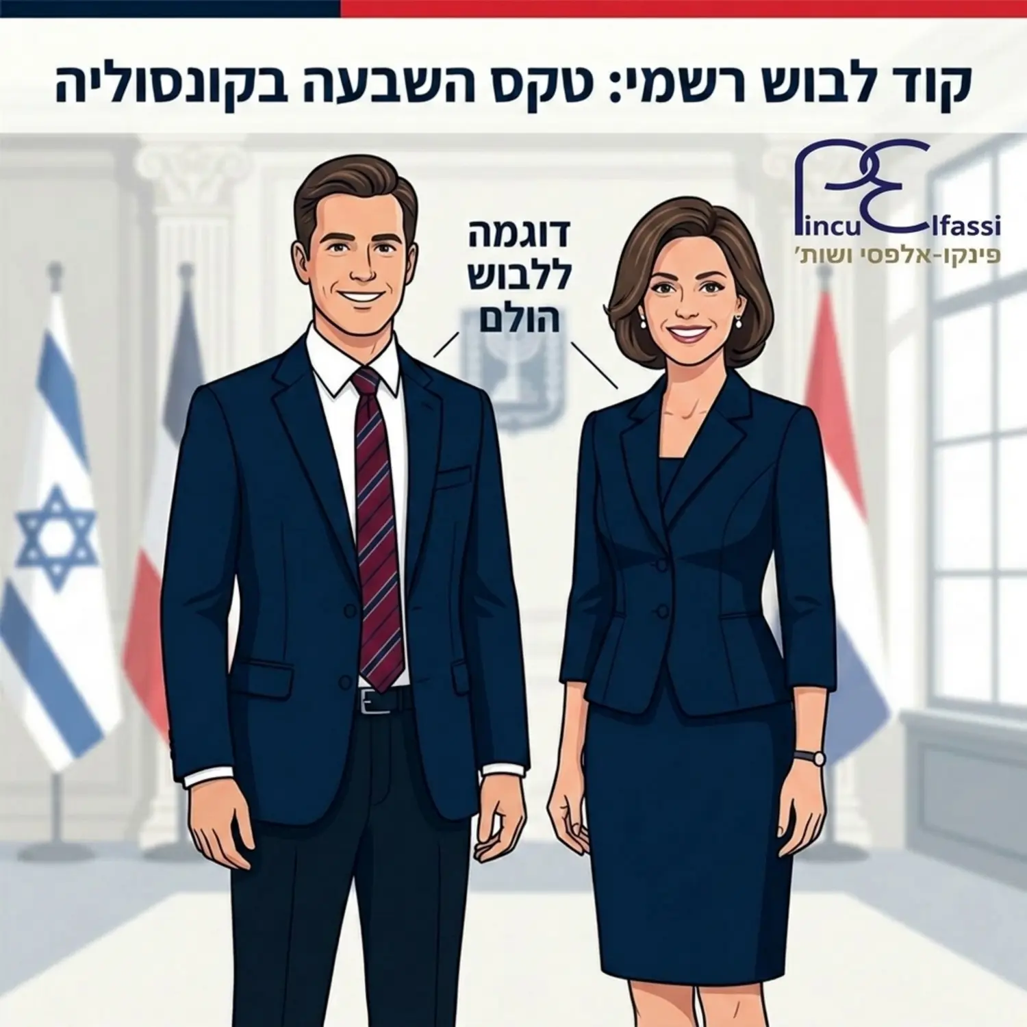 איור של גבר ואישה הלבושים בלבוש עסקי רשמי ומכובד, ג'קט ועניבה לגבר ושמלה רשמית לאישה, המדגים את קוד הלבוש הנדרש לטקס ההשבעה בקונסוליה