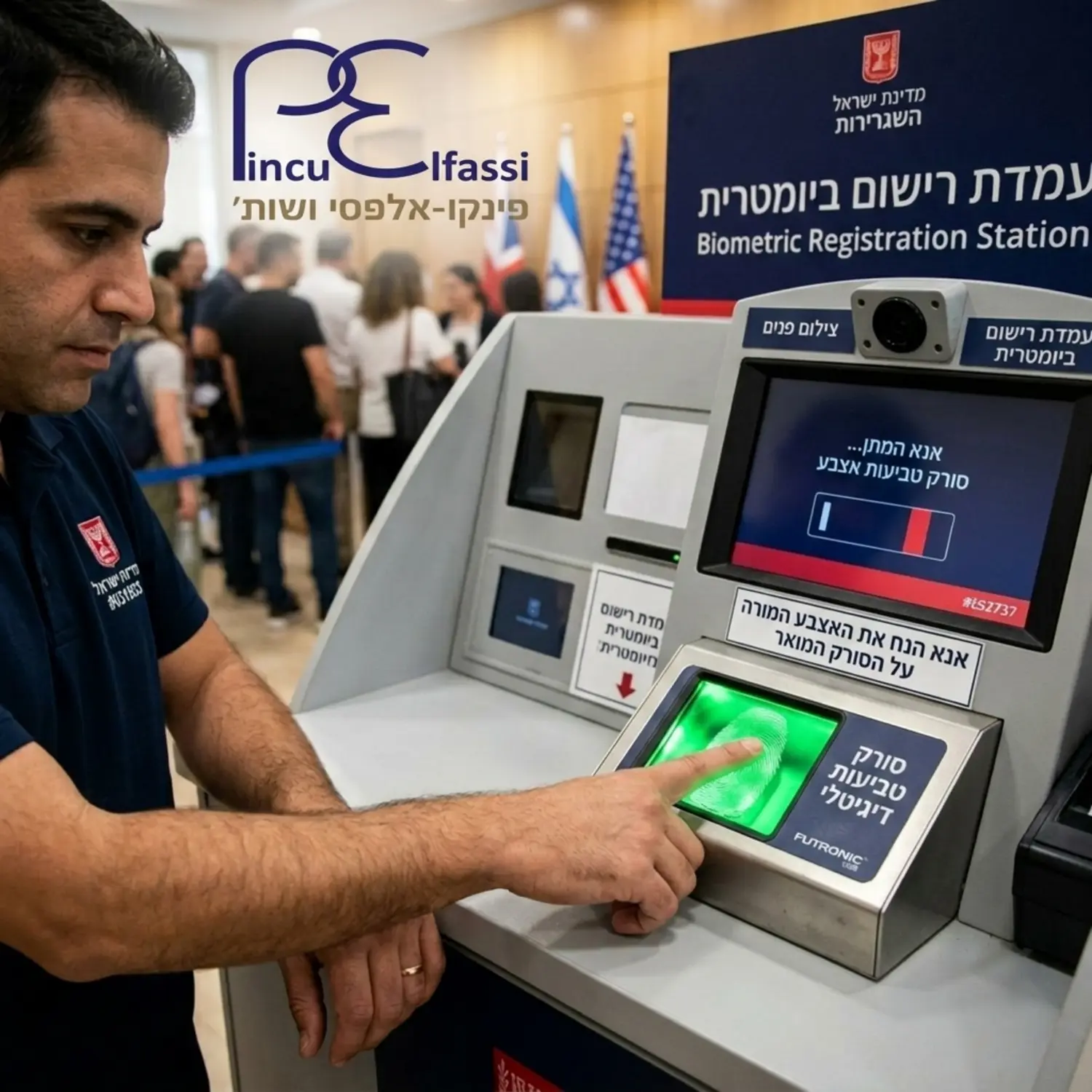 תמונה תקריב של סורק טביעות אצבע דיגיטלי ועמדת צילום ביומטרית בשגרירות, עם אדם המניח את האצבע על הסורק המואר באור ירוק