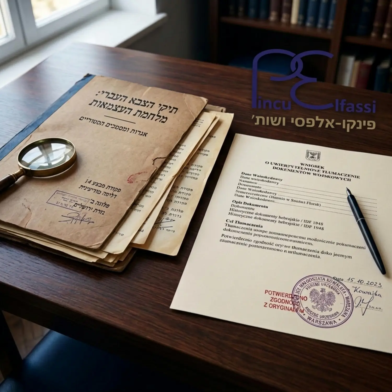 תמונה המציגה תיקייה פתוחה עם מסמכים צבאיים עתיקים בעברית, לצד טופס בקשה רשמי בשפה הפולנית עם חותמת נוטריון, הממחישה את תהליך תרגום ואימות המסמכים הצבאיים ההיסטוריים