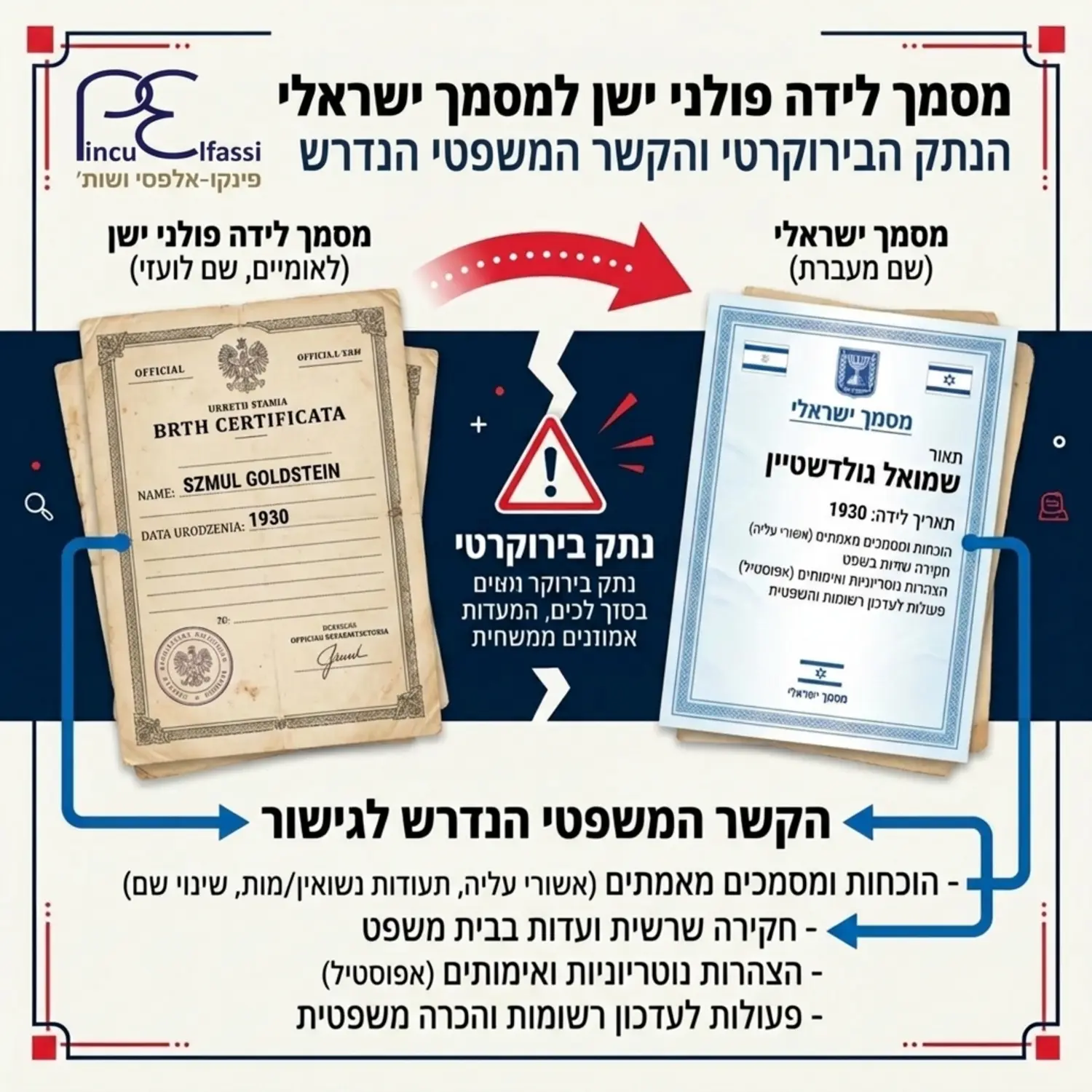 אינפוגרפיקה המציגה מסמך לידה פולני ישן עם שם לועזי ההופך למסמך ישראלי עם שם מעוברת תוך הדגשת הנתק הבירוקרטי שנוצר והקשר המשפטי הנדרש ביניהם