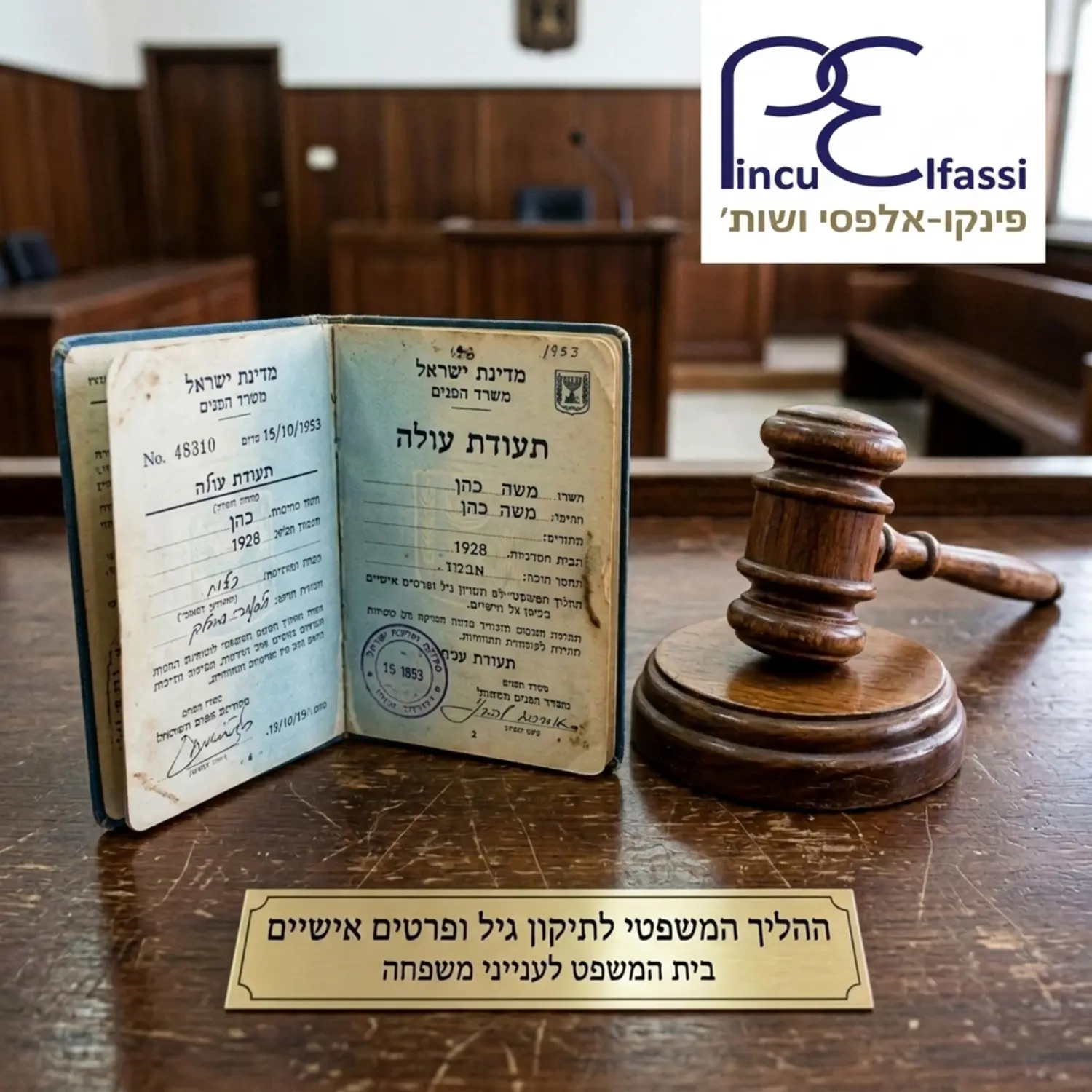 תצלום של תעודת עולה היסטורית משנות החמישים מונחת לצד פטיש שופט הממחיש את ההליך המשפטי המורכב לתיקון גיל ופרטים אישיים בבית המשפט לענייני משפחה