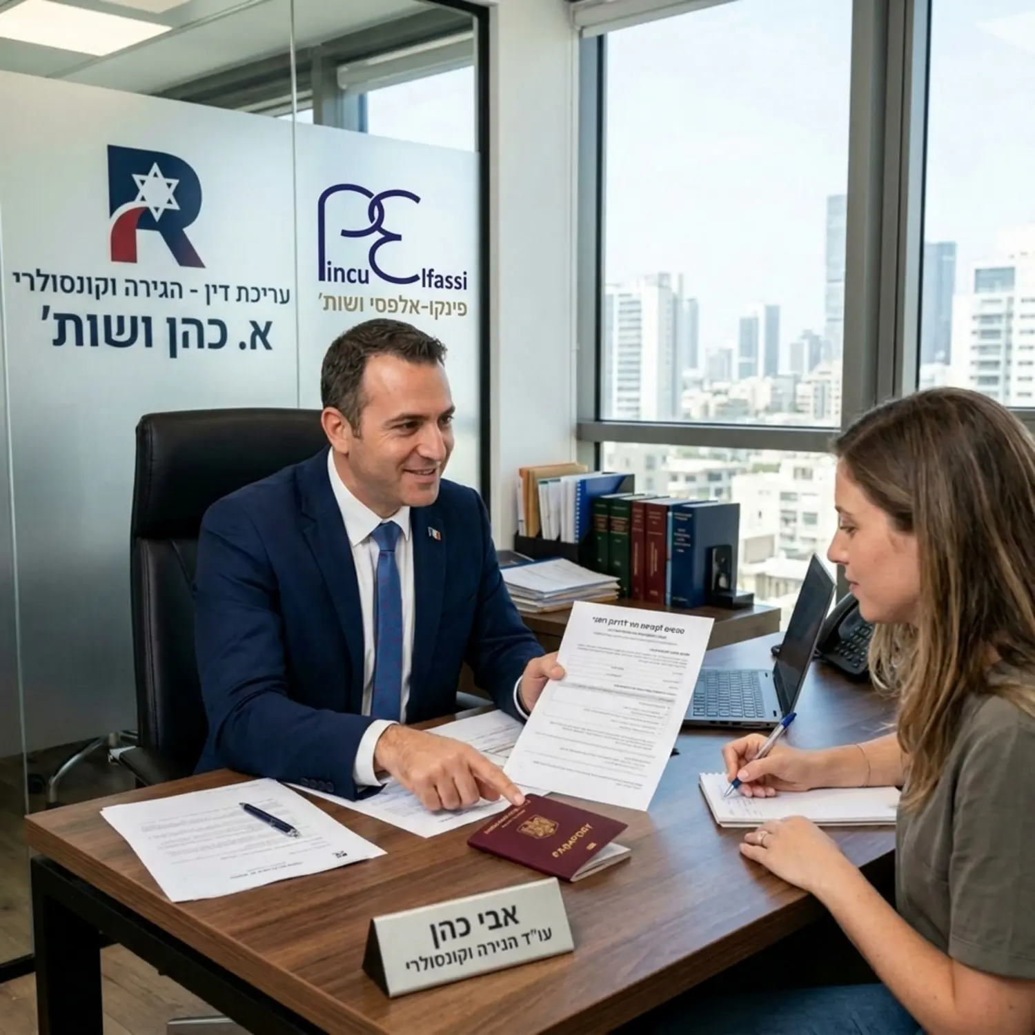 עורך דין מקצועי בחליפה יושב במשרד מודרני מול לקוח, מסביר לו על טפסים קונסולריים ומצביע על דרכון רומני המונח על השולחן