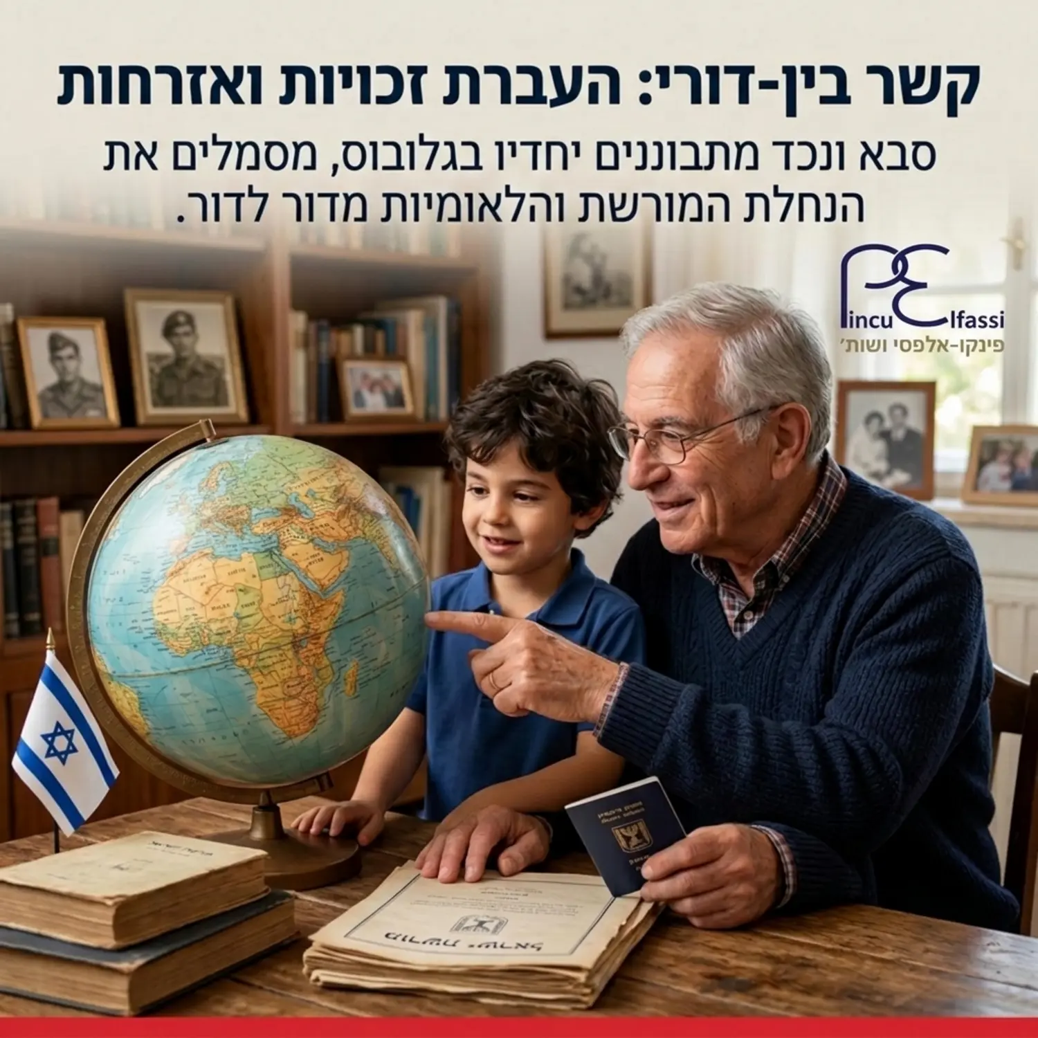 תמונה הממחישה את הקשר הבין דורי, סבא ונכד מתבוננים בגלובוס, המסמלת את העברת הזכויות והאזרחות מדור לדור