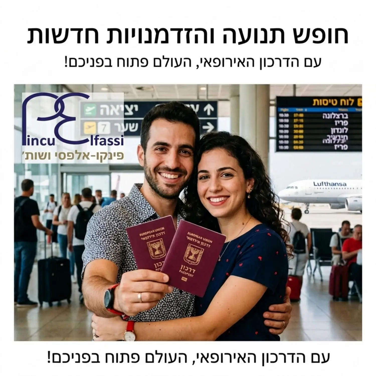 תמונה של זוג מחייך מחזיק בדרכונים אירופאיים בצבע בורדו על רקע שדה תעופה בינלאומי הממחישה את חופש התנועה וההזדמנויות החדשות