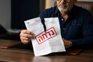 תמונה של יד המחזיקה טופס בקשה קרוע או עם חותמת 'נדחה' אדומה גדולה.