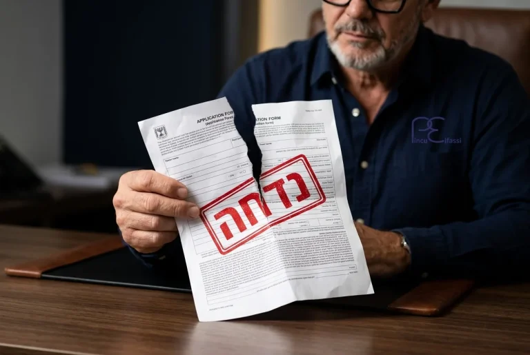 תמונה של יד המחזיקה טופס בקשה קרוע או עם חותמת 'נדחה' אדומה גדולה.