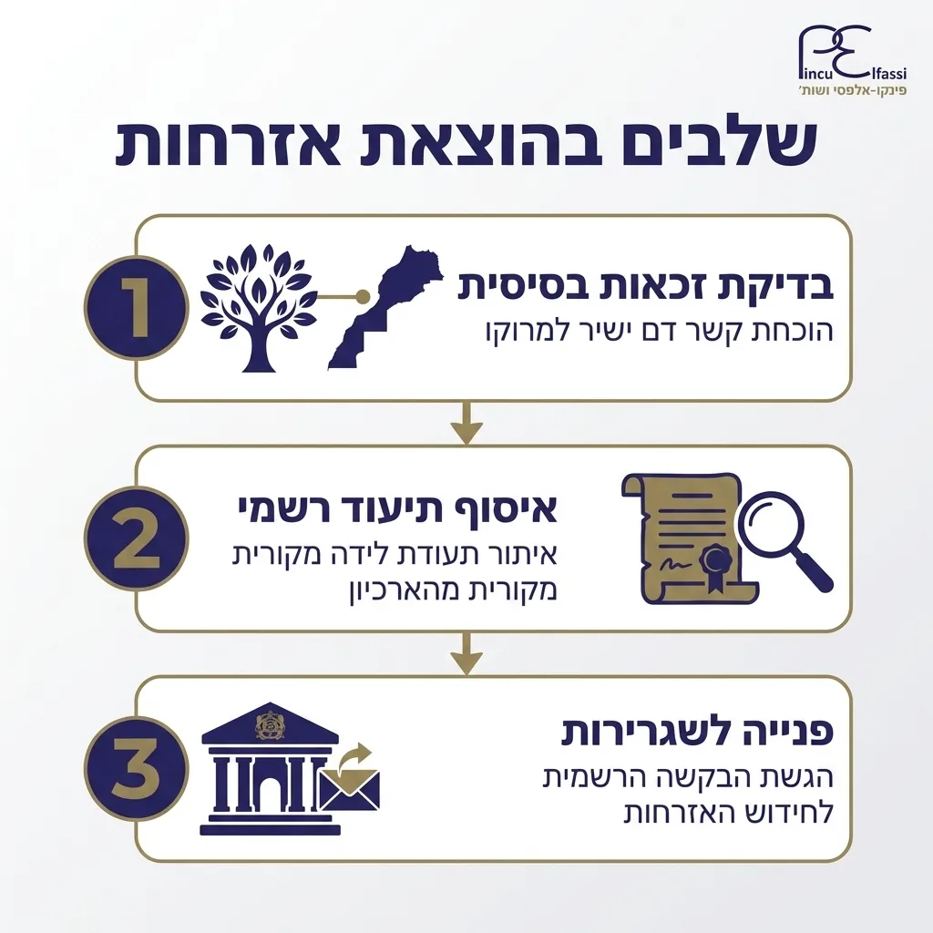 אינפוגרפיקה — שלבים בהוצאת אזרחות: בדיקת זכאות בסיסית, איסוף תיעוד רשמי, פנייה לשגרירות
