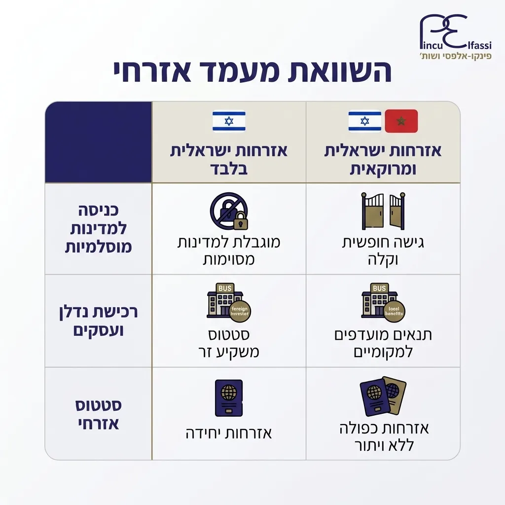 אינפוגרפיקה — השוואת מעמד אזרחי: השוואה בין אזרחות ישראלית בלבד, אזרחות ישראלית ומרוקאית