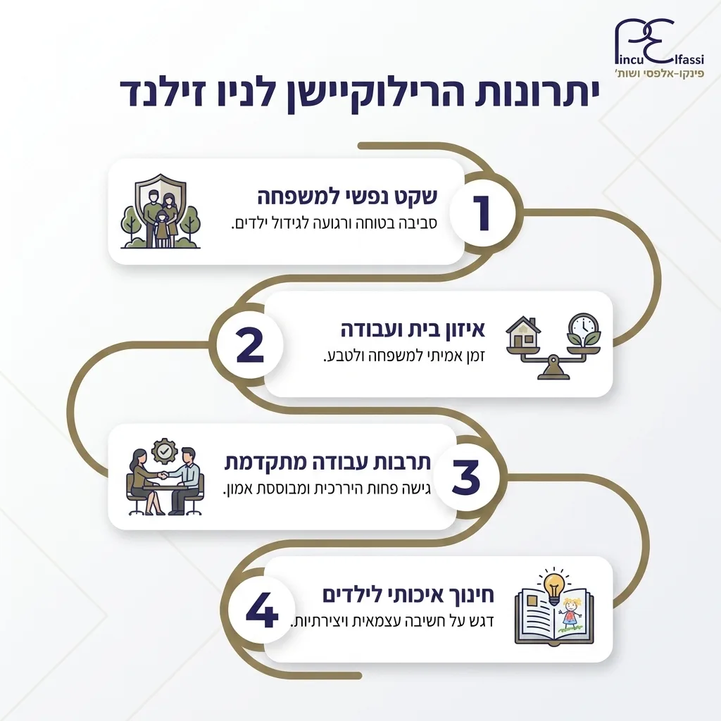 אינפוגרפיקה — יתרונות הרילוקיישן לניו זילנד: שקט נפשי למשפחה, איזון בית ועבודה, תרבות עבודה מתקדמת, חינוך איכותי לילדים
