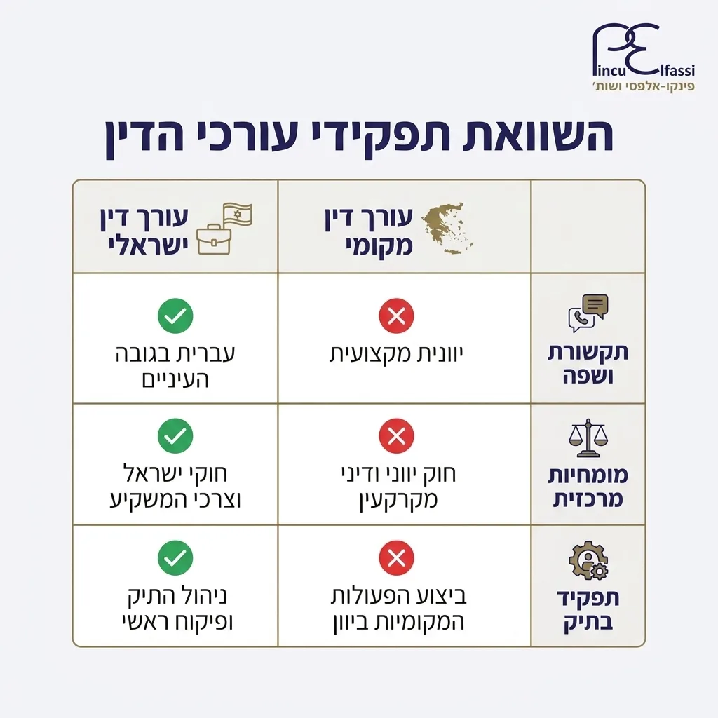 אינפוגרפיקה — השוואת תפקידי עורכי הדין: השוואה בין עורך דין ישראלי, עורך דין מקומי