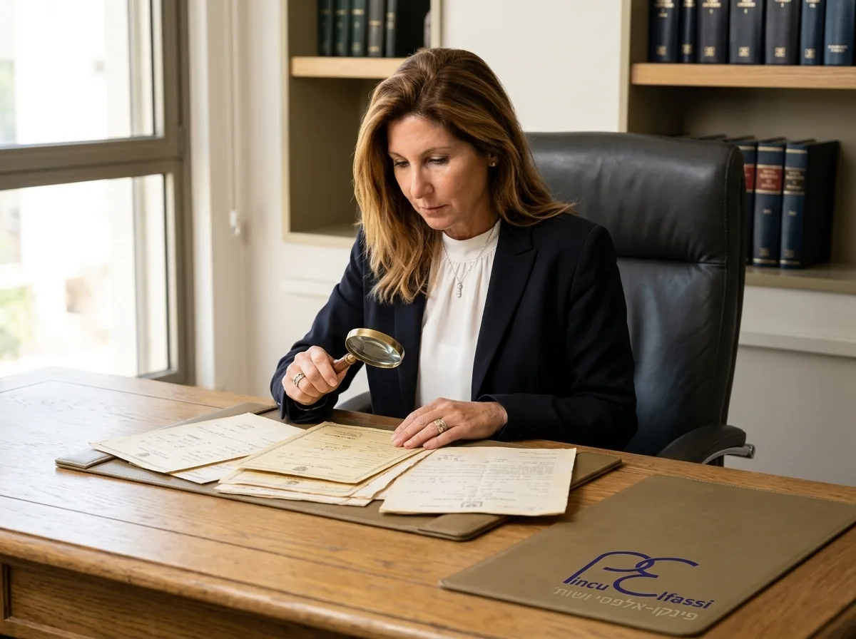 צילום ריאליסטי של עורכת דין מקצועית יושבת במשרד מואר, בוחנת מסמכים ישנים ותעודות לידה עם זכוכית מגדלת, אווירה של סמכותיות ואמון
