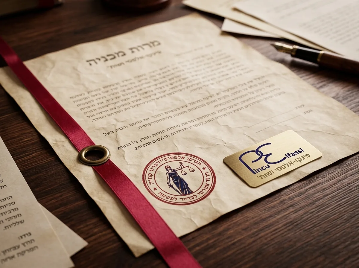 צילום קרוב ומציאותי של חותמת נוטריון וסרט אדום על גבי תעודה משפטית ישנה המונחת על שולחן עץ כהה, תאורה חמה, עומק שדה רדוד