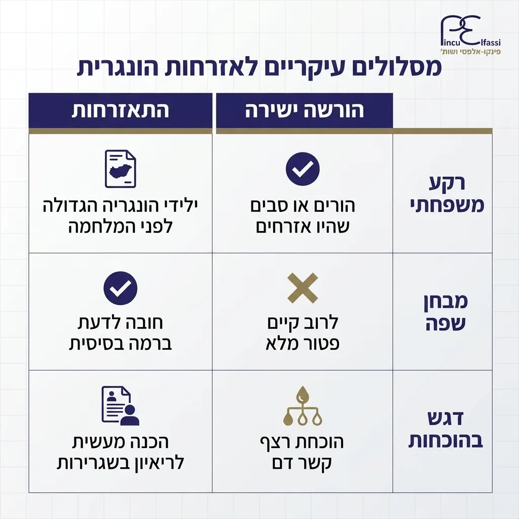 אינפוגרפיקה — מסלולים עיקריים לאזרחות הונגרית: השוואה בין הורשה ישירה, התאזרחות