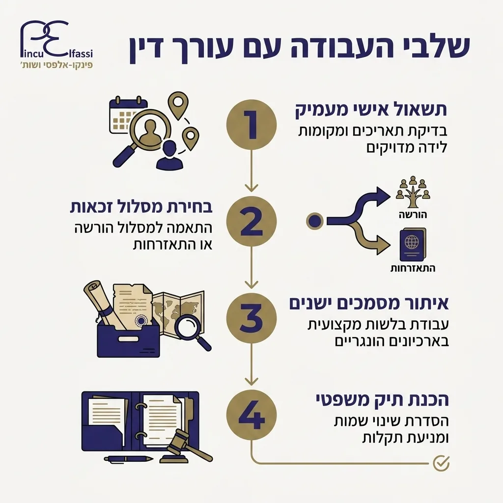 אינפוגרפיקה — שלבי העבודה עם עורך דין: תשאול אישי מעמיק, בחירת מסלול זכאות, איתור מסמכים ישנים, הכנת תיק משפטי