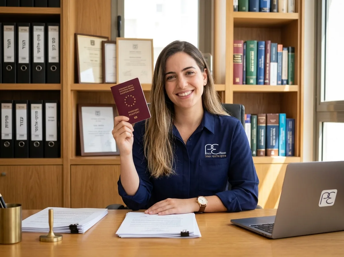 צילום ריאליסטי של אישה צעירה ישראלית יושבת במשרד מואר, מחזיקה דרכון בורדו של האיחוד האירופי ומחייכת בסיפוק, ברקע מדפים עמוסים קלסרים משפטיים בתאורה טבעית חמימה