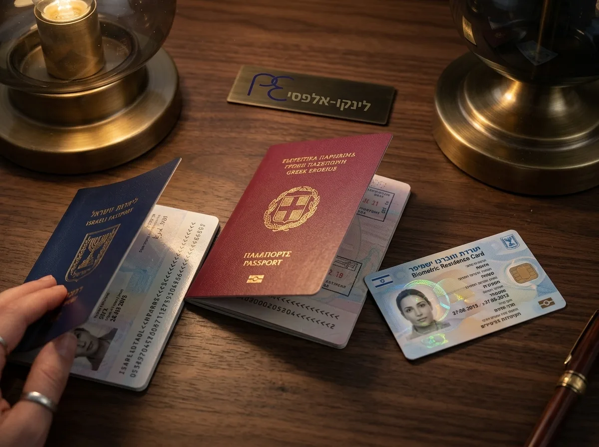 צילום תקריב ריאליסטי של דרכון יווני בצבע בורדו מונח ליד דרכון ישראלי וכרטיס תושב ביומטרי על שולחן עץ כהה, אור חם מנורת שולחן משרדית