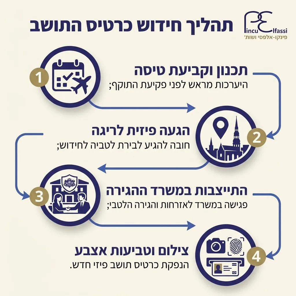 אינפוגרפיקה — תהליך חידוש כרטיס התושב: תכנון וקביעת טיסה, הגעה פיזית לריגה, התייצבות במשרד ההגירה, צילום וטביעות אצבע