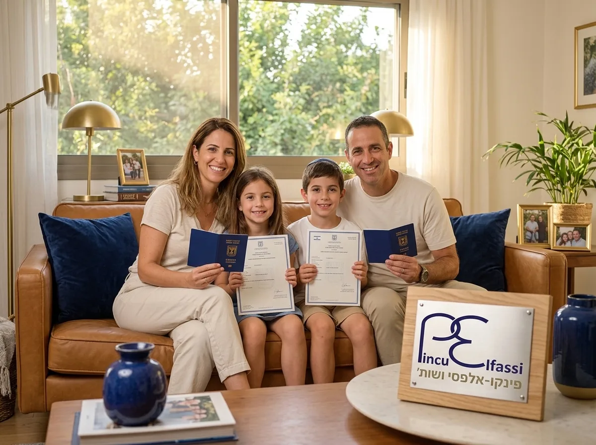 צילום מציאותי של זוג הורים ישראלים מחייכים יחד עם ילדיהם, יושבים בסלון מואר עם תעודות רשמיות, תאורה טבעית חמימה, פוקוס חד.