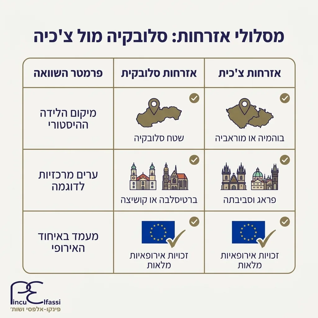 אינפוגרפיקה — מסלולי אזרחות: סלובקיה מול צ'כיה: השוואה בין אזרחות סלובקית, אזרחות צ'כית