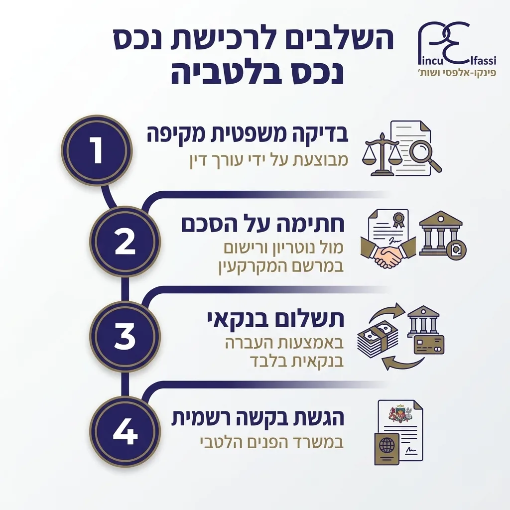אינפוגרפיקה — השלבים לרכישת נכס בלטביה: בדיקה משפטית מקיפה, חתימה על הסכם, תשלום בנקאי, הגשת בקשה רשמית