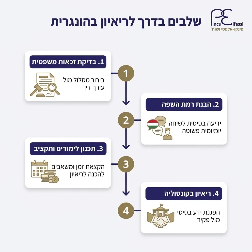 אינפוגרפיקה — שלבים בדרך לריאיון בהונגרית: בדיקת זכאות משפטית, הבנת רמת השפה, תכנון לימודים ותקציב, ריאיון בקונסוליה
