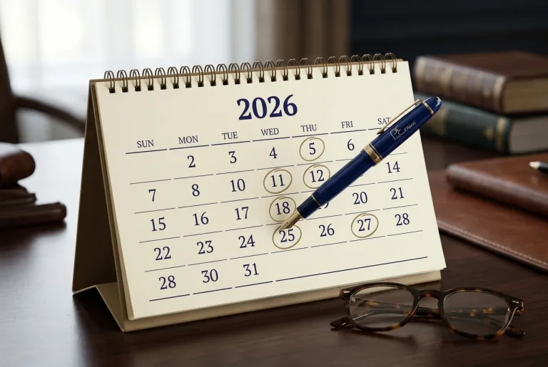 לוח שנה מעוצב לשנת 2026 שעליו מסומנים תאריכי יעד בעיגול, ומעליו מונח עט יוקרתי או משקפי קריאה.