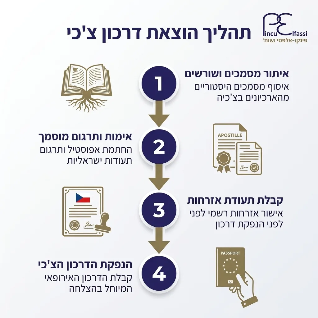 אינפוגרפיקה — תהליך הוצאת דרכון צ'כי: איתור מסמכים ושורשים, אימות ותרגום מוסמך, קבלת תעודת אזרחות, הנפקת הדרכון הצ'כי