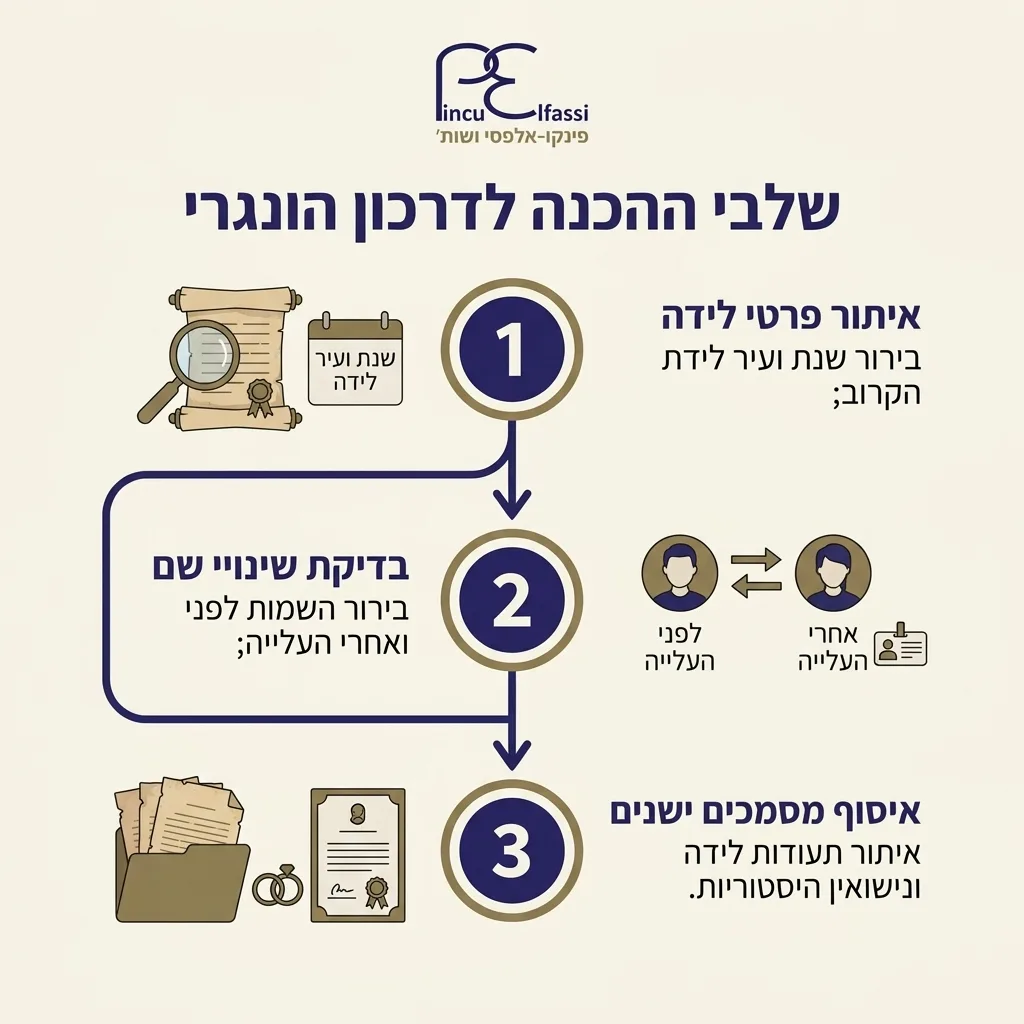 אינפוגרפיקה — שלבי ההכנה לדרכון הונגרי: איתור פרטי לידה, בדיקת שינויי שם, איסוף מסמכים ישנים