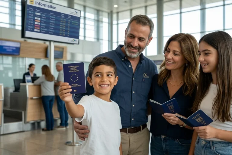 משפחה ישראלית מחייכת מחזיקה דרכונים בנמל תעופה, פוקוס על דרכון אירופאי בידו של ילד.