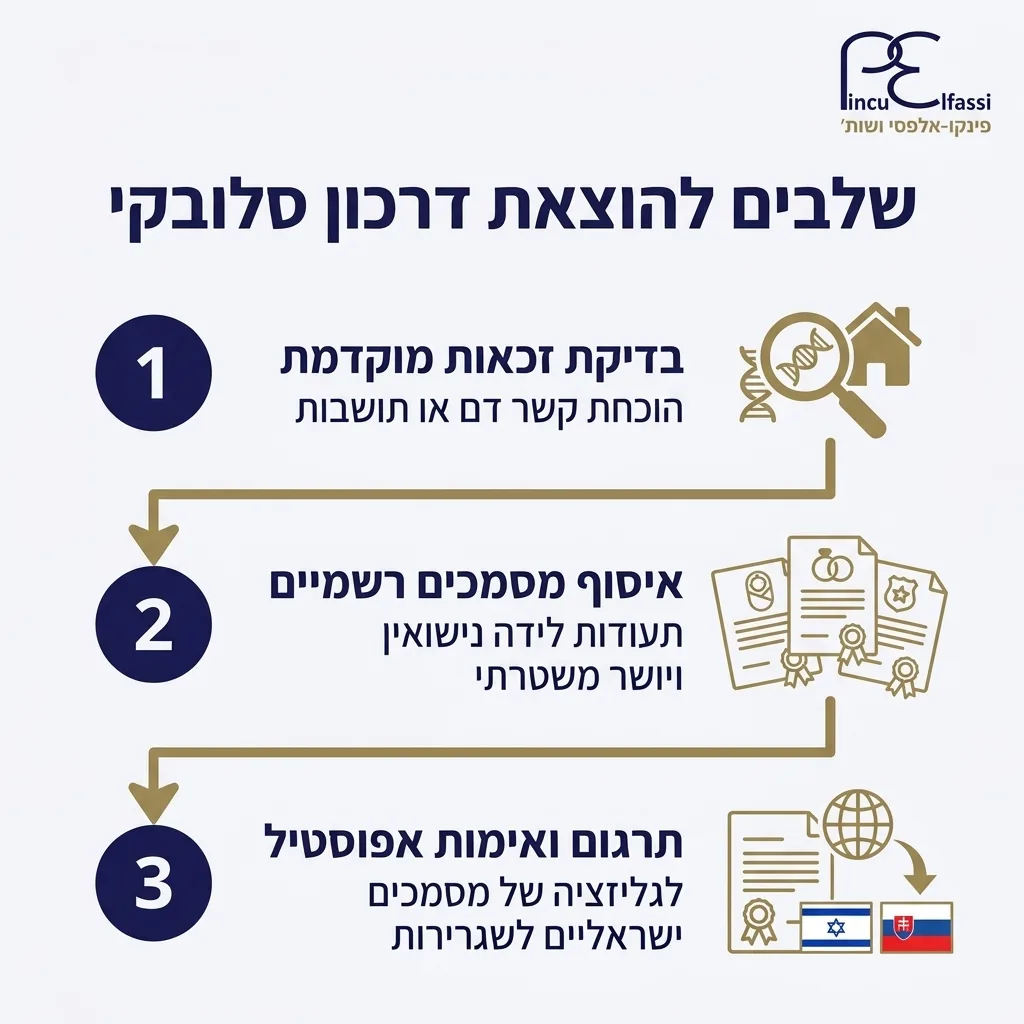 אינפוגרפיקה — שלבים להוצאת דרכון סלובקי: בדיקת זכאות מוקדמת, איסוף מסמכים רשמיים, תרגום ואימות אפוסטיל