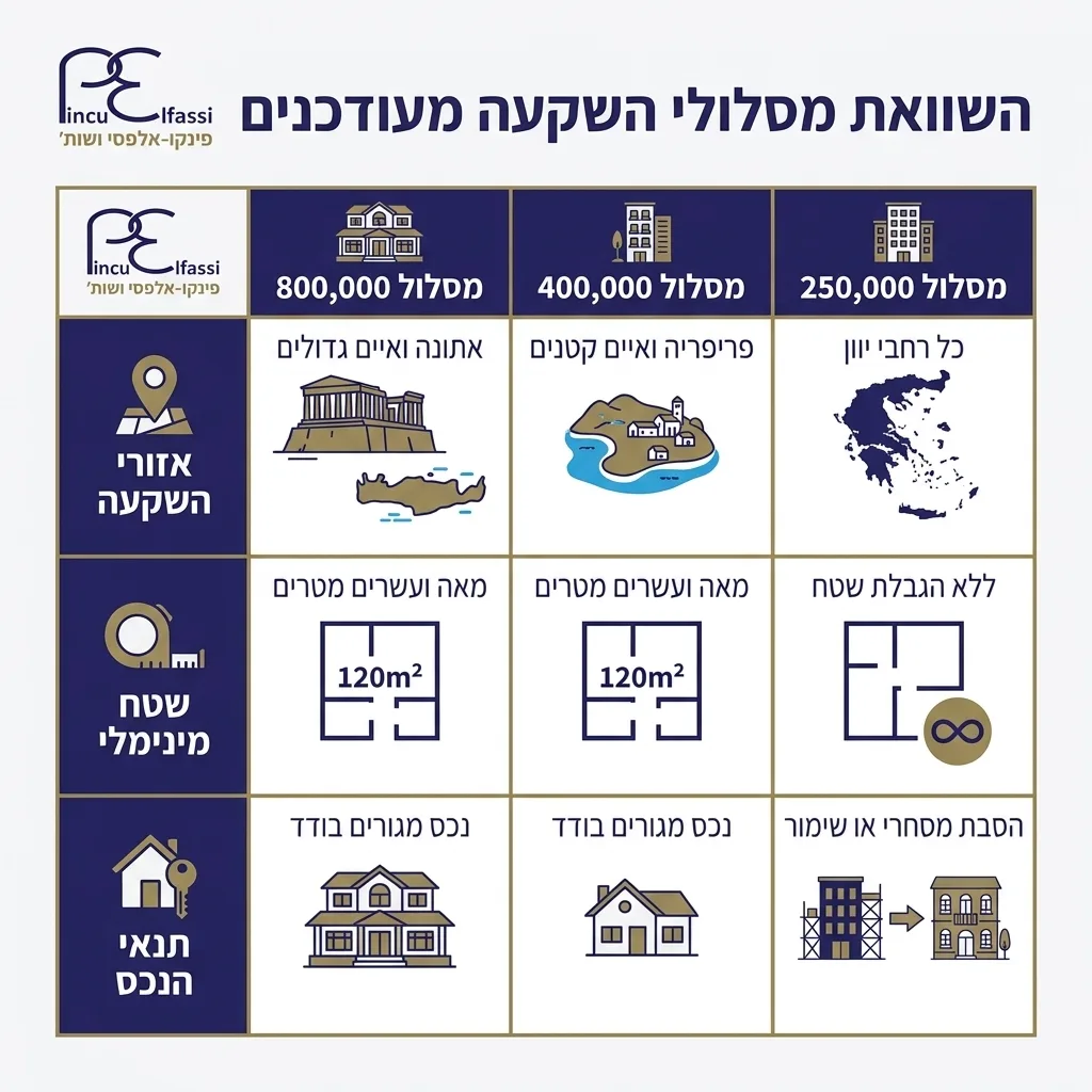 אינפוגרפיקה — השוואת מסלולי השקעה מעודכנים: השוואה בין מסלול 800,000, מסלול 400,000, מסלול 250,000