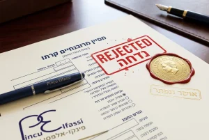 תקריב של טופס בקשה עם חותמת 'Rejected' אדומה גדולה, לצד חותמת זהב נוטריונית של אישור ופתרון.